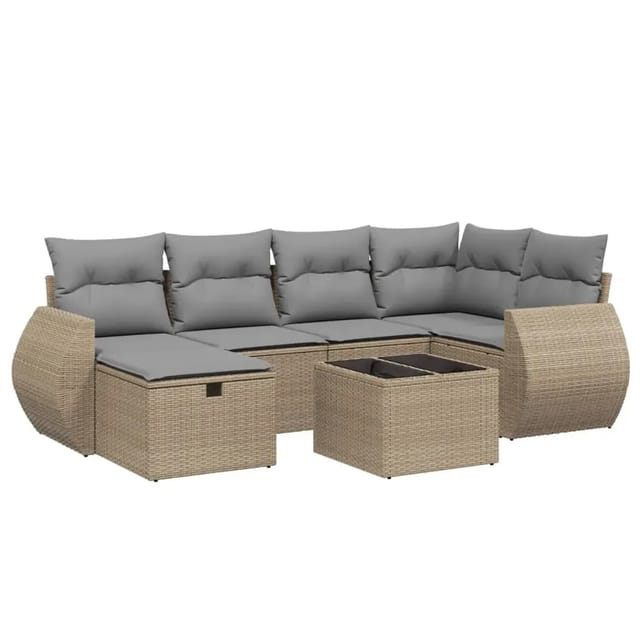 vidaXL 7-Tlg Garten-Sofagarnitur mit Kissen Beige Poly Rattan 3264115