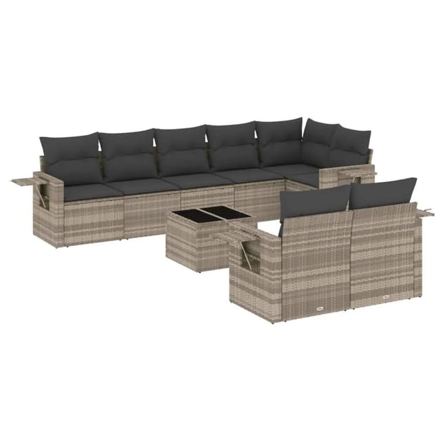 vidaXL 9-Tlg Garten-Sofagarnitur mit Kissen Hellgrau Poly Rattan 3252769