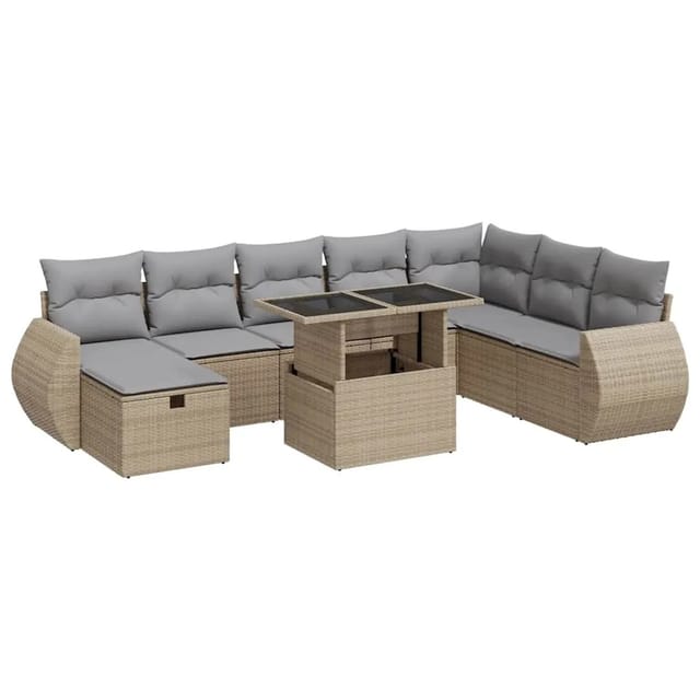 vidaXL 9-Tlg Garten-Sofagarnitur mit Kissen Beige Poly Rattan 3327919