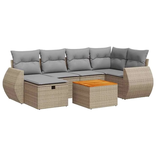 vidaXL 7-Tlg Garten-Sofagarnitur mit Kissen Beige Poly Rattan 3325846