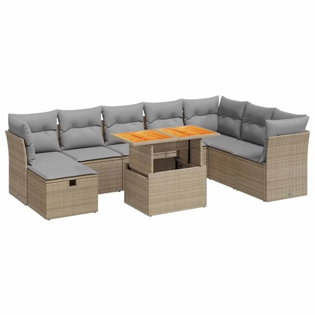 vidaXL 9-Tlg Garten-Sofagarnitur mit Kissen Beige Poly Rattan Akazie 3327990