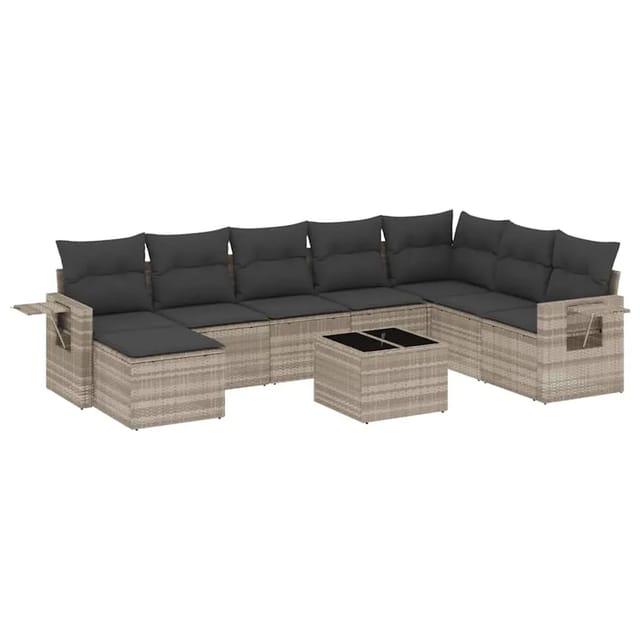 vidaXL 9-Tlg Garten-Sofagarnitur mit Kissen Hellgrau Poly Rattan 3252909