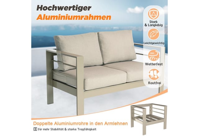 MeXo Gartensofa für Balkon 2 Sitzer Aluminium Outdoor Wetterfest Champagnerfarbe