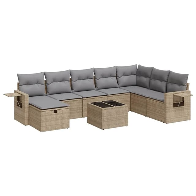 vidaXL 9-Tlg Garten-Sofagarnitur mit Kissen Beige Poly Rattan 3325545