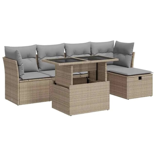 vidaXL 6-Tlg Garten-Sofagarnitur mit Kissen Beige Poly Rattan 3327769