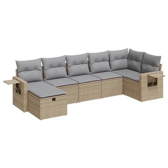vidaXL 7-Tlg Garten-Sofagarnitur mit Kissen Beige Poly Rattan 3325505