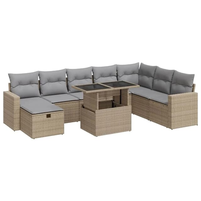 vidaXL 9-Tlg Garten-Sofagarnitur mit Kissen Beige Poly Rattan 3327839