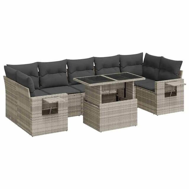 vidaXL 8-Tlg Garten-Sofagarnitur mit Kissen Hellgrau Poly Rattan 3326443