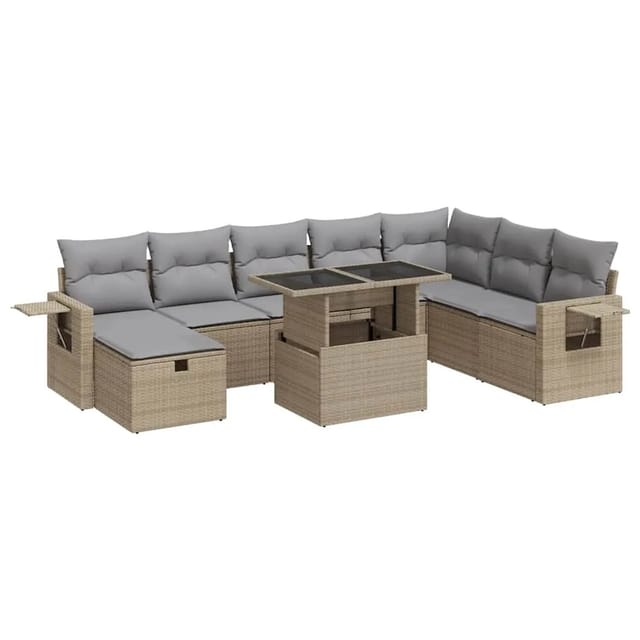 vidaXL 9-Tlg Garten-Sofagarnitur mit Kissen Beige Poly Rattan 3327879
