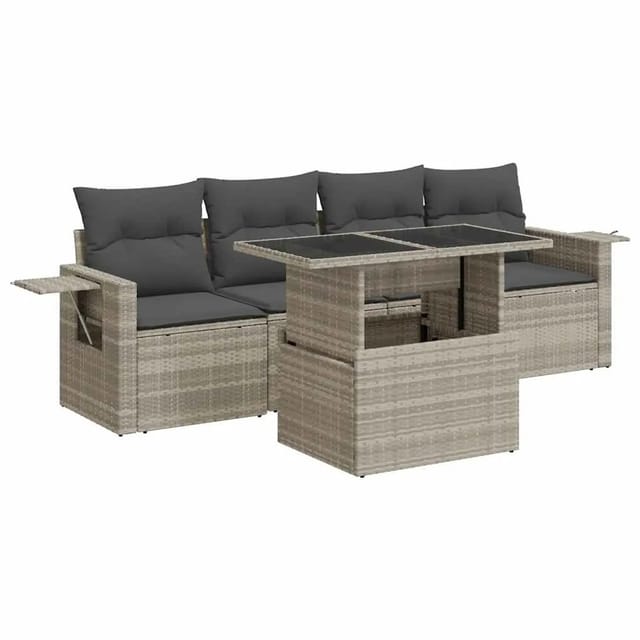vidaXL 5-Tlg Garten-Sofagarnitur mit Kissen Hellgrau Poly Rattan 3326403