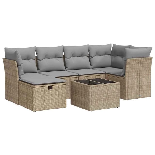 vidaXL 7-Tlg Garten-Sofagarnitur mit Kissen Beige Poly Rattan 3325295