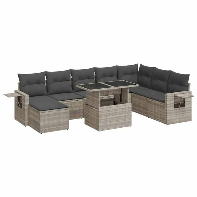 vidaXL 9-Tlg Garten-Sofagarnitur mit Kissen Hellgrau Poly Rattan 3326533