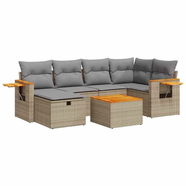 vidaXL 7-Tlg Garten-Sofagarnitur mit Kissen Beige Poly Rattan 3325979