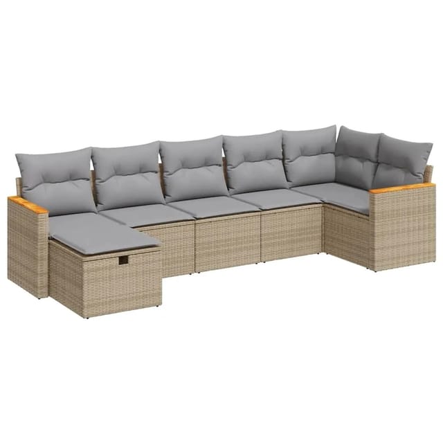 vidaXL 7-Tlg Garten-Sofagarnitur mit Kissen Beige Poly Rattan 3325930