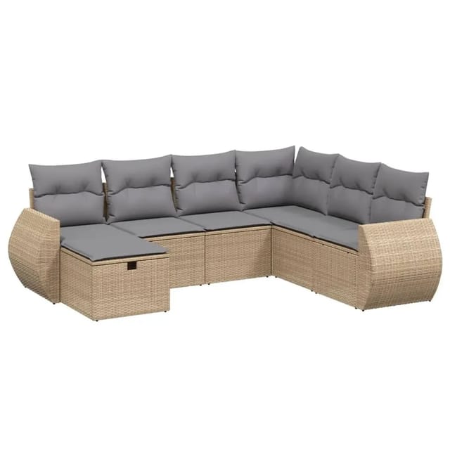 vidaXL 7-Tlg Garten-Sofagarnitur mit Kissen Beige Poly Rattan 3264145