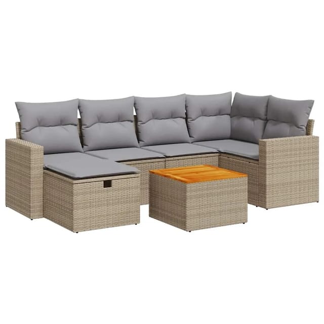 vidaXL 7-Tlg Garten-Sofagarnitur mit Kissen Beige Poly Rattan 3325790