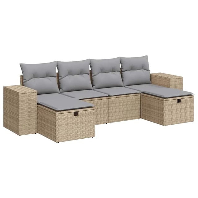 vidaXL 6-Tlg Garten-Sofagarnitur mit Kissen Beige Poly Rattan 3325725
