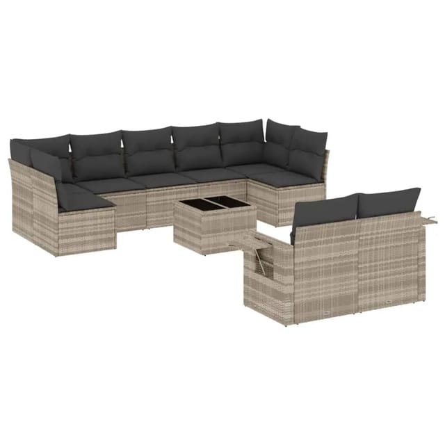vidaXL 10-Tlg Garten-Sofagarnitur mit Kissen Hellgrau Poly Rattan 3252969