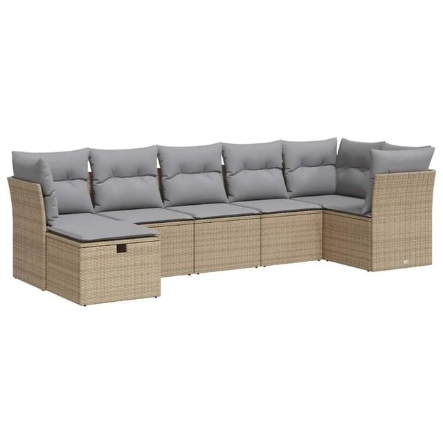 vidaXL 7-Tlg Garten-Sofagarnitur mit Kissen Beige Poly Rattan 3325305