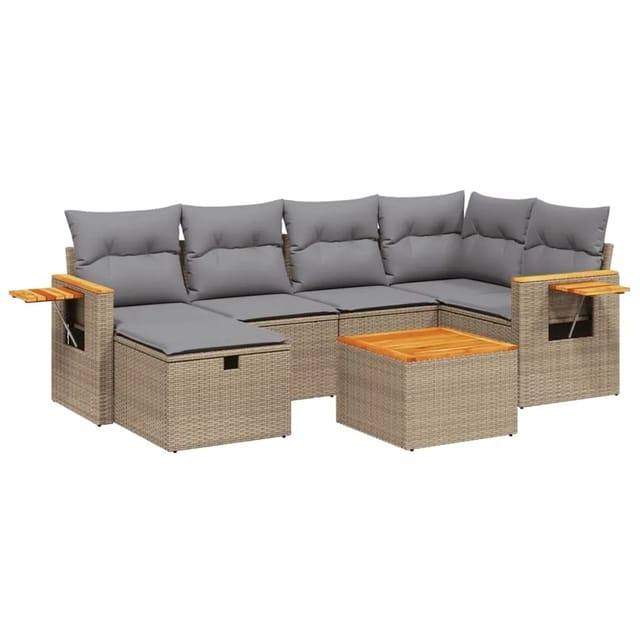 vidaXL 7-Tlg Garten-Sofagarnitur mit Kissen Beige Poly Rattan 3265525