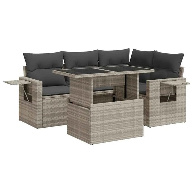 vidaXL 5-Tlg Garten-Sofagarnitur mit Kissen Hellgrau Poly Rattan 3326473