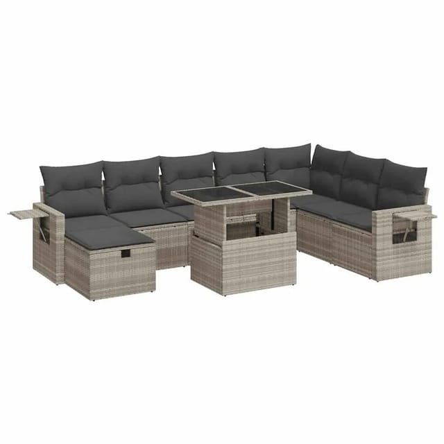 vidaXL 9-Tlg Garten-Sofagarnitur mit Kissen Hellgrau Poly Rattan 3327882