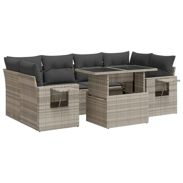 vidaXL 7-Tlg Garten-Sofagarnitur mit Kissen Hellgrau Poly Rattan 3326433
