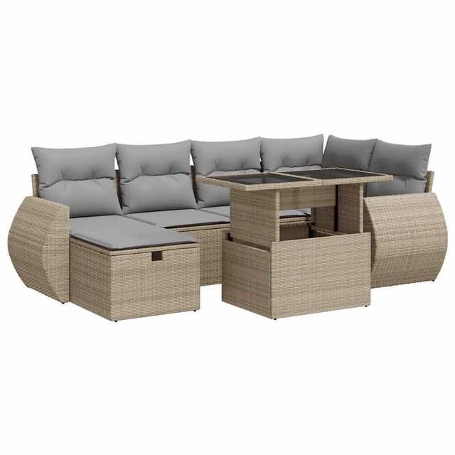 vidaXL 7-Tlg Garten-Sofagarnitur mit Kissen Beige Poly Rattan 3327899