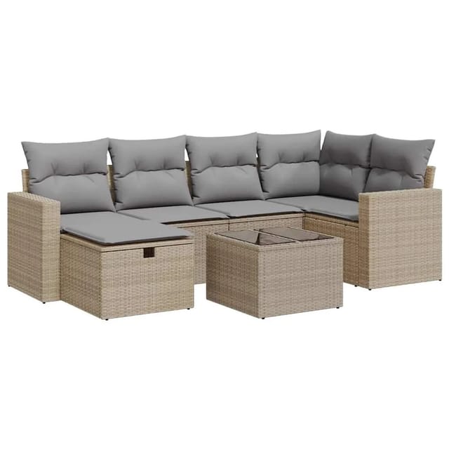 vidaXL 7-Tlg Garten-Sofagarnitur mit Kissen Beige Poly Rattan 3325395