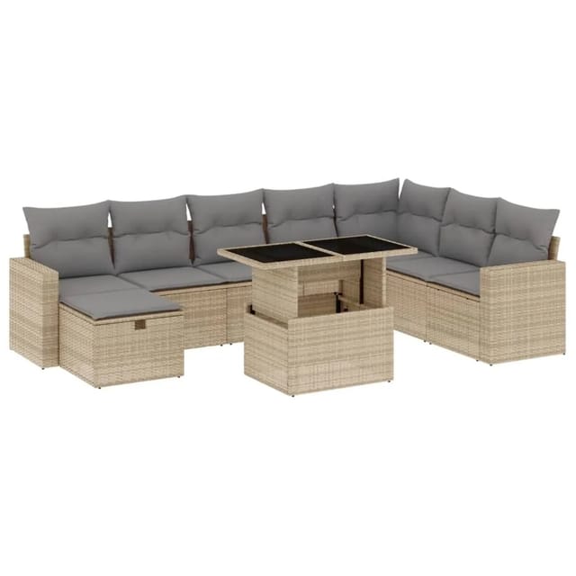 vidaXL 9-Tlg Garten-Sofagarnitur mit Kissen Beige Poly Rattan 3274869