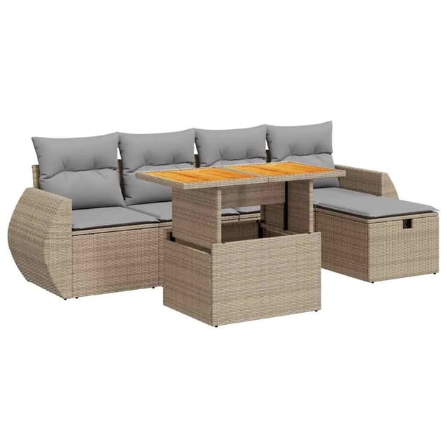 vidaXL 6-Tlg Garten-Sofagarnitur mit Kissen Beige Poly Rattan Akazie 3328053