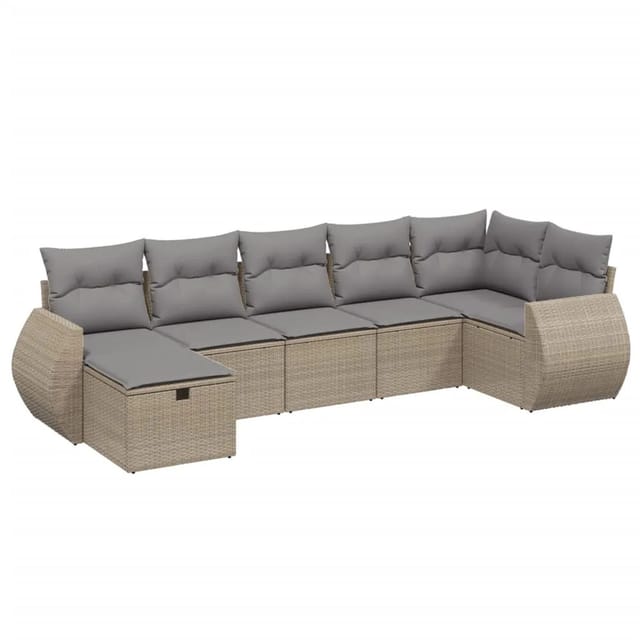 vidaXL 7-Tlg Garten-Sofagarnitur mit Kissen Beige Poly Rattan 3264125