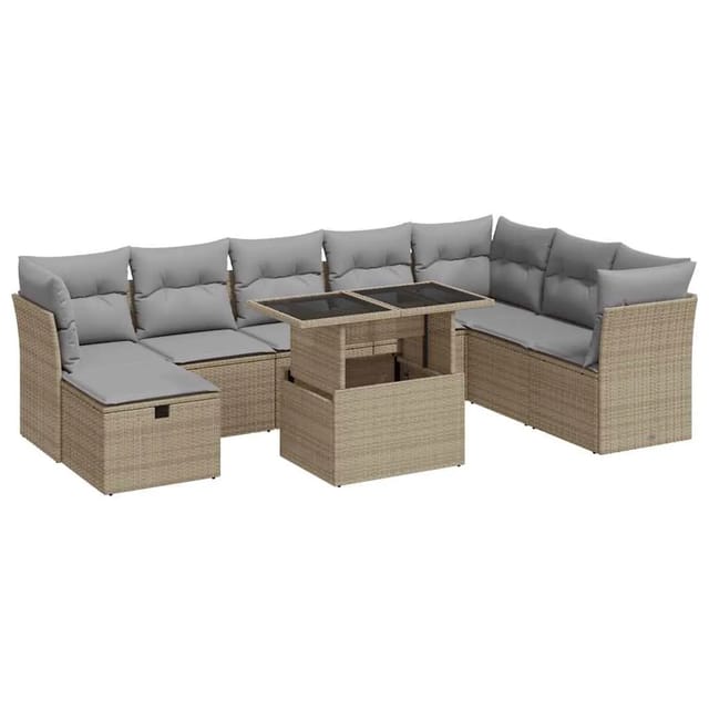 vidaXL 9-Tlg Garten-Sofagarnitur mit Kissen Beige Poly Rattan 3327799