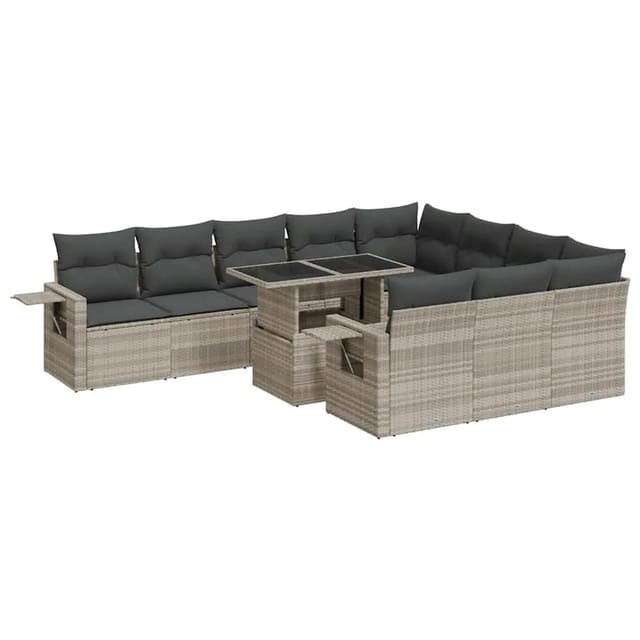 vidaXL 11-Tlg Garten-Sofagarnitur mit Kissen Hellgrau Poly Rattan 3326553