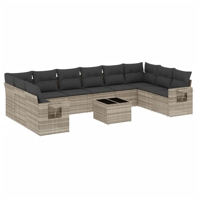 vidaXL 11-Tlg Garten-Sofagarnitur mit Kissen Hellgrau Poly Rattan 3253019
