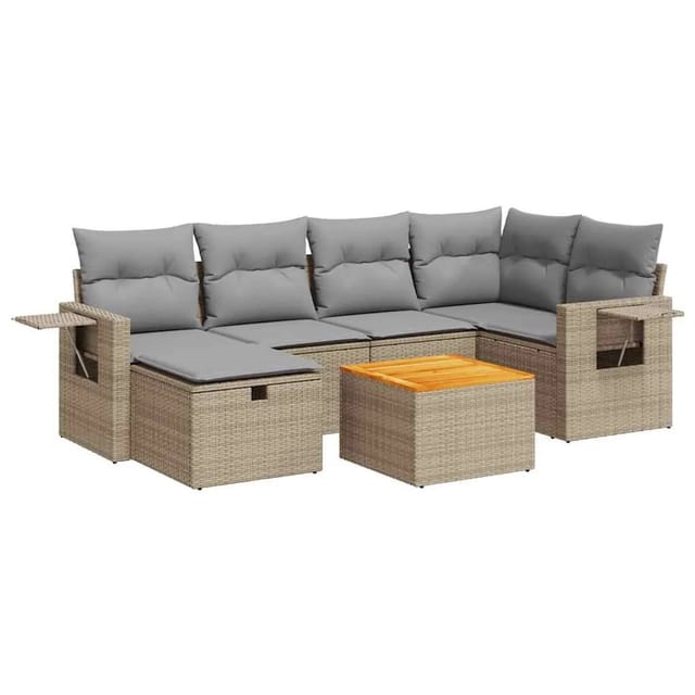 vidaXL 7-Tlg Garten-Sofagarnitur mit Kissen Beige Poly Rattan 3325818