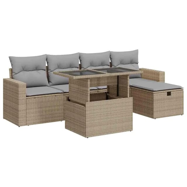 vidaXL 6-Tlg Garten-Sofagarnitur mit Kissen Beige Poly Rattan 3327809