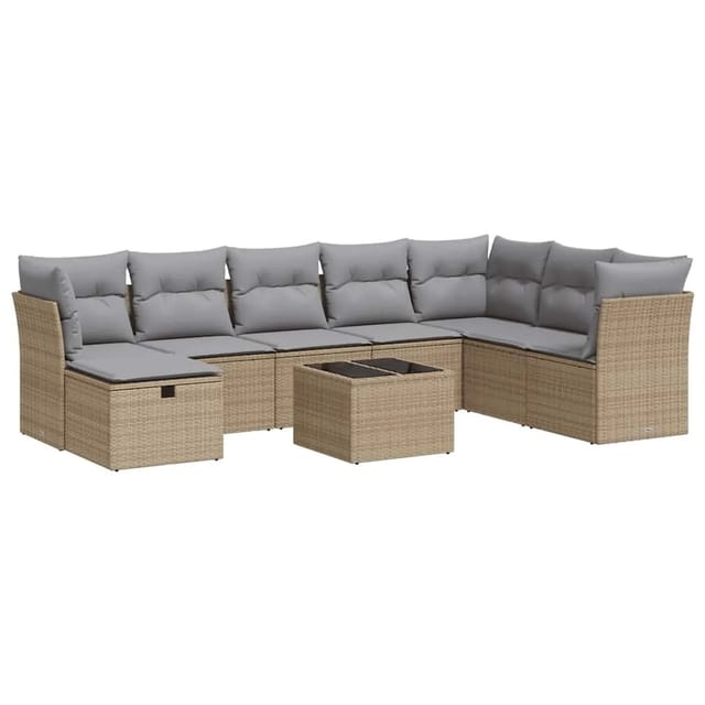 vidaXL 9-Tlg Garten-Sofagarnitur mit Kissen Beige Poly Rattan 3325345