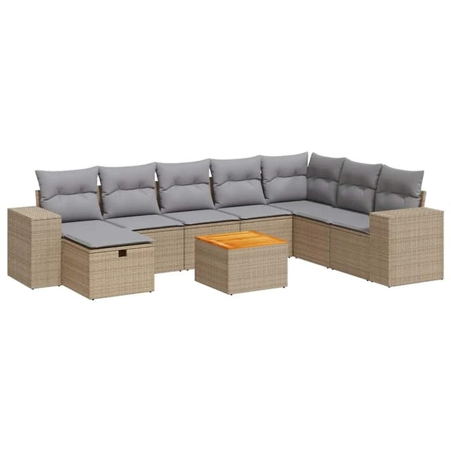 vidaXL 9-Tlg Garten-Sofagarnitur mit Kissen Beige Poly Rattan 3325888