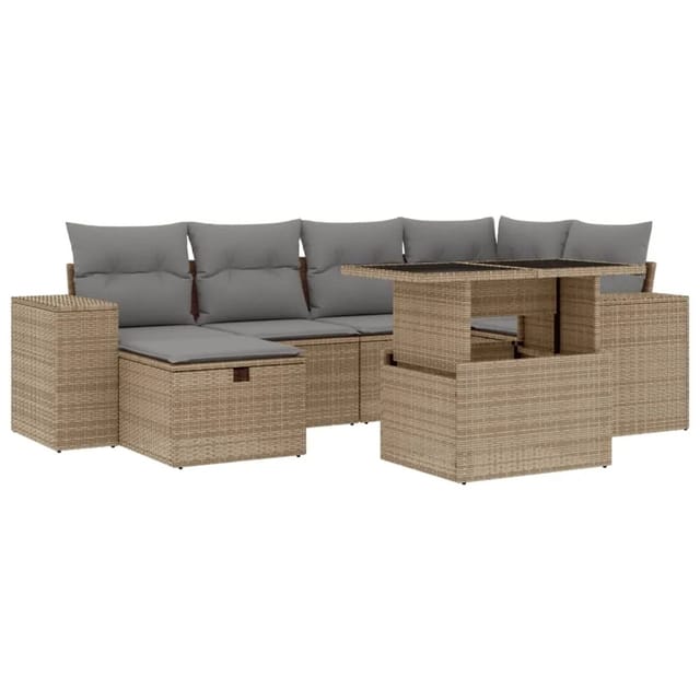 vidaXL 7-Tlg Garten-Sofagarnitur mit Kissen Beige Poly Rattan 3275299