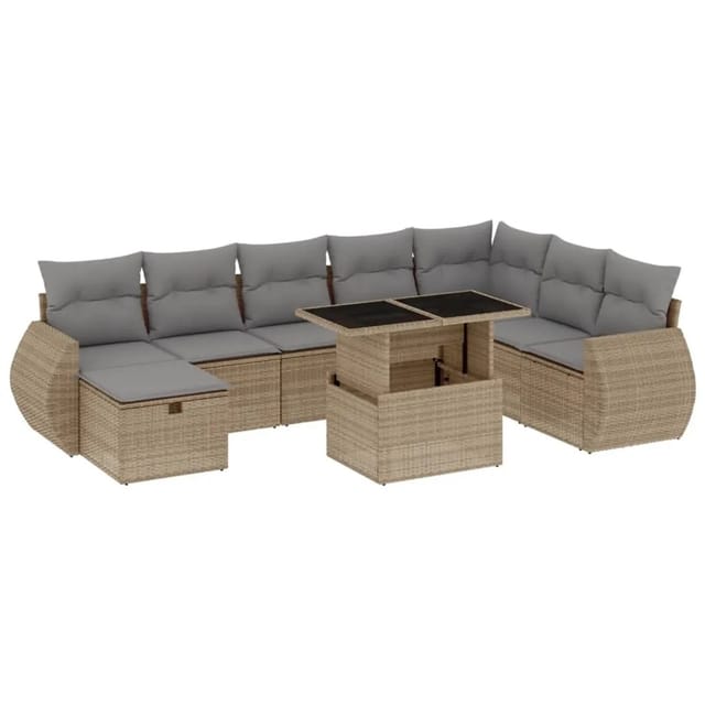 vidaXL 9-Tlg Garten-Sofagarnitur mit Kissen Beige Poly Rattan 3275189