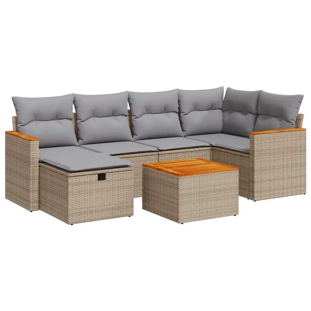 vidaXL 7-Tlg Garten-Sofagarnitur mit Kissen Beige Poly Rattan 3325923