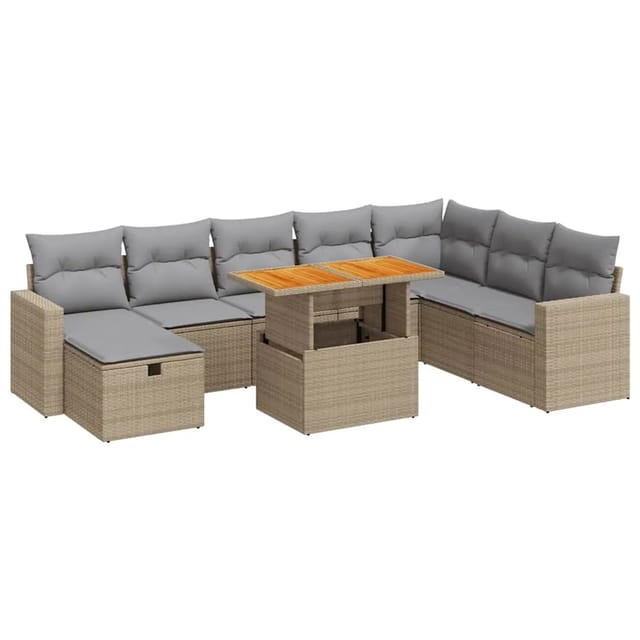 vidaXL 9-Tlg Garten-Sofagarnitur mit Kissen Beige Poly Rattan Akazie 3328018