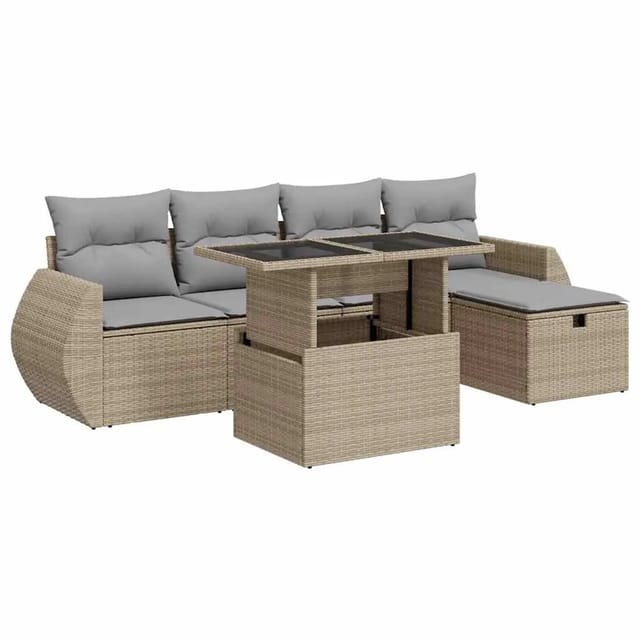 vidaXL 6-Tlg Garten-Sofagarnitur mit Kissen Beige Poly Rattan 3327889