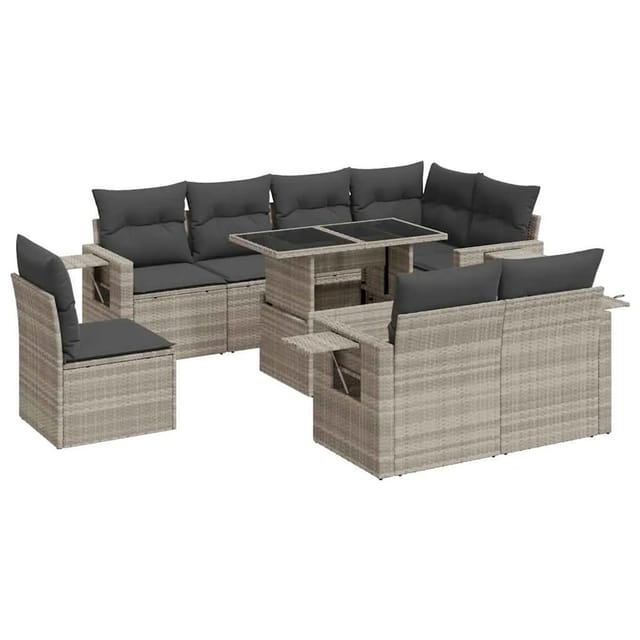 vidaXL 9-Tlg Garten-Sofagarnitur mit Kissen Hellgrau Poly Rattan 3326503