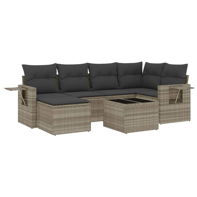 vidaXL 7-Tlg Garten-Sofagarnitur mit Kissen Hellgrau Poly Rattan 3252809