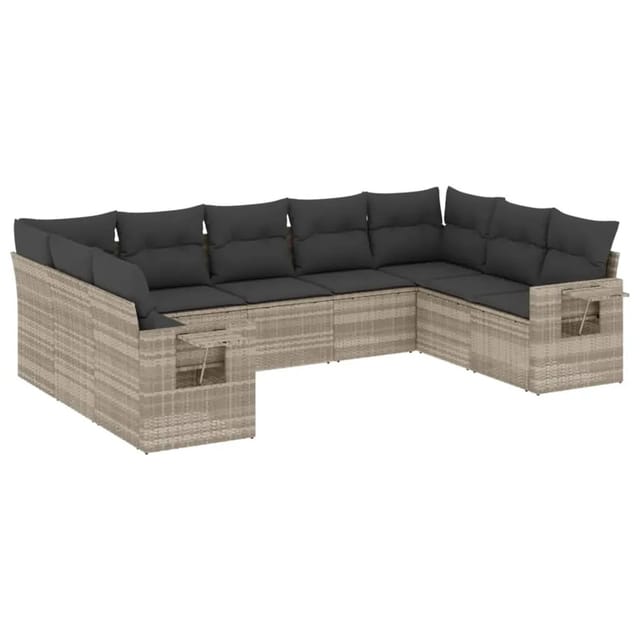 vidaXL 9-Tlg Garten-Sofagarnitur mit Kissen Hellgrau Poly Rattan 3252939