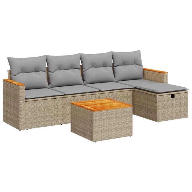 vidaXL 6-Tlg Garten-Sofagarnitur mit Kissen Beige Poly Rattan 3325909