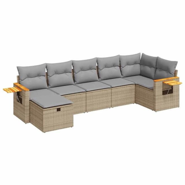 vidaXL 7-Tlg Garten-Sofagarnitur mit Kissen Beige Poly Rattan 3325986