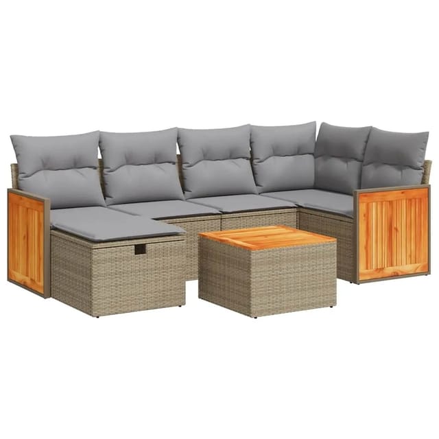 vidaXL 7-Tlg Garten-Sofagarnitur mit Kissen Beige Poly Rattan 3326035